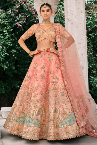 Coral Peach Silk Embroidered Lehenga Set Coral Peach Silk Embroidered Lehenga Set