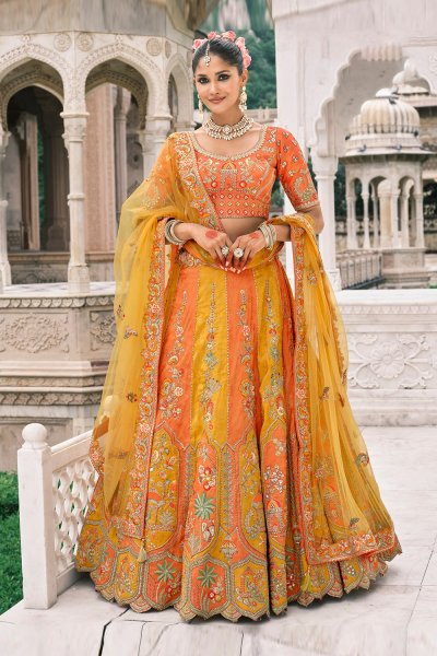 Orange & Yellow Silk Embroidered Lehenga Set Orange & Yellow Silk Embroidered Lehenga Set