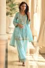 Aqua Blue Silk Hand Embroidered Kurta Palazzo Set With Dupatta