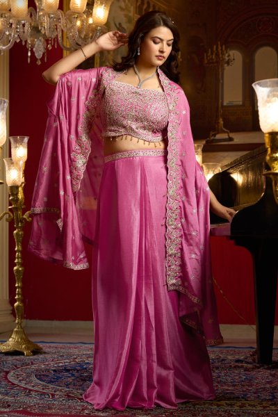 Pink Chinon Silk Hand Embroidered Top & Dhoti Set With Shrug Pink Chinon Silk Hand Embroidered Top & Dhoti Set With Shrug