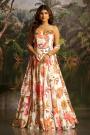 Off White Georgette Floral Printed & Hand Worked Corset Top With Lehenga & Dupatta