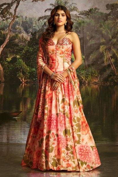 Peach Georgette Floral Printed & Hand Worked Corset Top With Lehenga & Dupatta Peach Georgette Floral Printed & Hand Worked Corset Top With Lehenga & Dupatta