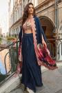Navy Blue Crepe Silk Printed & Hand Embroidered Dhoti Skirt With Crop Top & Cape