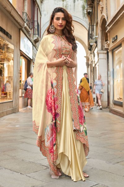 Ivory Crepe Silk Printed & Hand Embroidered Dhoti Skirt With Crop Top & Cape Ivory Crepe Silk Printed & Hand Embroidered Dhoti Skirt With Crop Top & Cape
