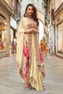 Ivory Crepe Silk Printed & Hand Embroidered Dhoti Skirt With Crop Top & Cape