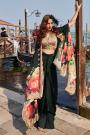 Black Crepe Silk Printed & Hand Embroidered Dhoti Skirt With Crop Top & Cape