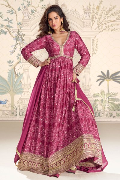 Magenta Pink Chinon Silk Bandhani Printed And Embroidered Anarkali Dress With Dupatta Magenta Pink Chinon Silk Bandhani Printed And Embroidered Anarkali Dress With Dupatta