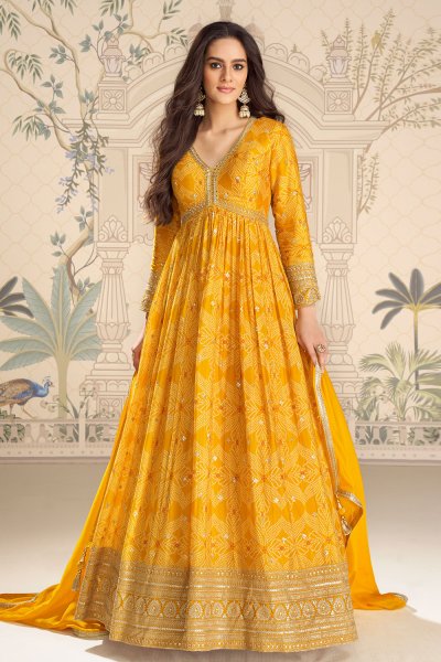 Yellow Chinon Silk Bandhani Printed And Embroidered Anarkali Dress With Dupatta Yellow Chinon Silk Bandhani Printed And Embroidered Anarkali Dress With Dupatta
