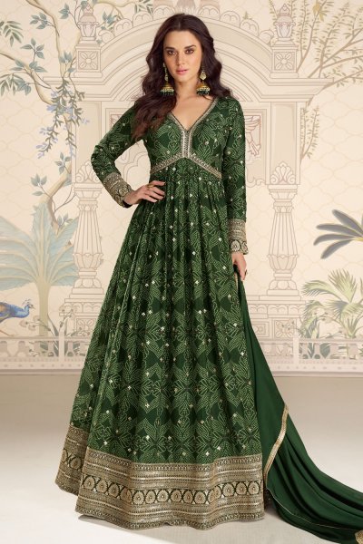 Emerald Green Chinon Silk Bandhani Printed And Embroidered Anarkali Dress With Dupatta Emerald Green Chinon Silk Bandhani Printed And Embroidered Anarkali Dress With Dupatta