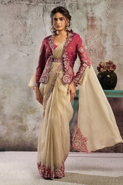 Pre-draped Beige Gold  & Coral Red Satin Organza Silk  Hand Embroidered Saree With Boluse, Jacket, & Belt