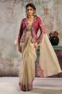 Pre-draped Beige Gold  & Coral Red Satin Organza Silk  Hand Embroidered Saree With Boluse, Jacket, & Belt