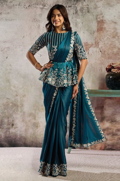Pre-draped Teal Blue Satin Embroidered Saree With Peplum Blouse