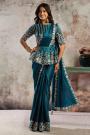 Pre-draped Teal Blue Satin Embroidered Saree With Peplum Blouse