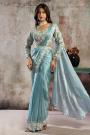 Pre-draped Soft Blue Satin Hand Embroidered Saree With Blouse & Belt