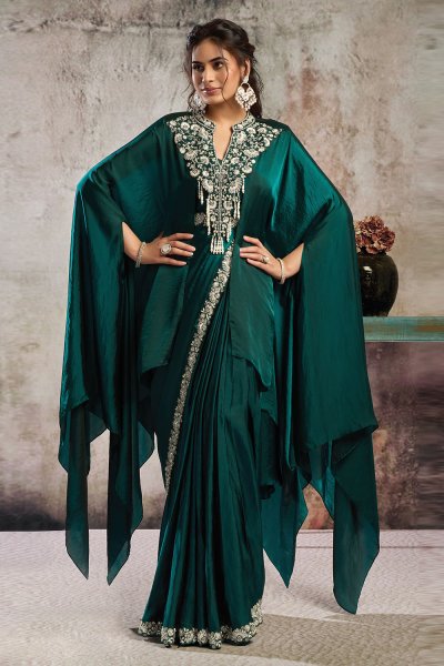 Pre-draped Emerald Green Satin Embroidered Saree With Blouse, Poncho, & Belt Pre-draped Emerald Green Satin Embroidered Saree With Blouse, Poncho, & Belt