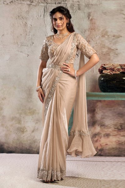 Pre-draped Champagne Beige Satin Embroidered Saree With Blouse & Belt