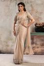 Pre-draped Champagne Beige Satin Embroidered Saree With Blouse & Belt