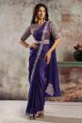 Pre-draped Royal Purple Satin Embroidered Saree With Blouse & Belt