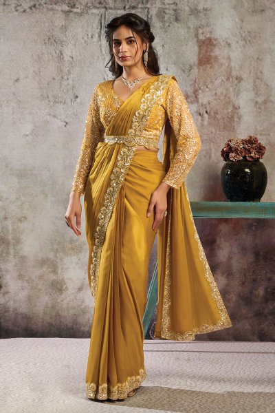 Pre-draped Mustard Yellow Satin Embroidered Saree With Blouse & Belt
