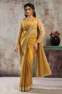 Pre-draped Mustard Yellow Satin Embroidered Saree With Blouse & Belt
