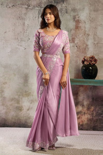 Pre-draped Mauve Pink Satin Embroidered Saree With Blouse & Belt Pre-draped Mauve Pink Satin Embroidered Saree With Blouse & Belt