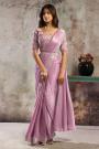 Pre-draped Mauve Pink Satin Embroidered Saree With Blouse & Belt