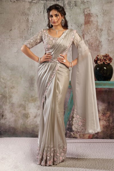 Pre-draped Champagne Silk Embroidered Saree With Blouse & Belt Pre-draped Champagne Silk Embroidered Saree With Blouse & Belt
