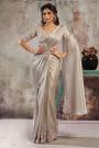 Pre-draped Champagne Silk Embroidered Saree With Blouse & Belt