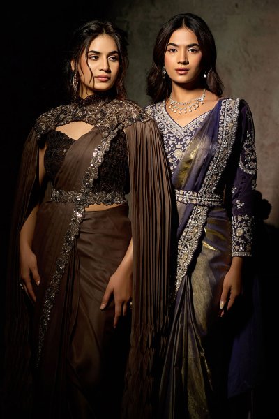 Pre-draped Brown Satin Embroidered Saree With Blouse, Cape, & Belt Pre-draped Brown Satin Embroidered Saree With Blouse, Cape, & Belt