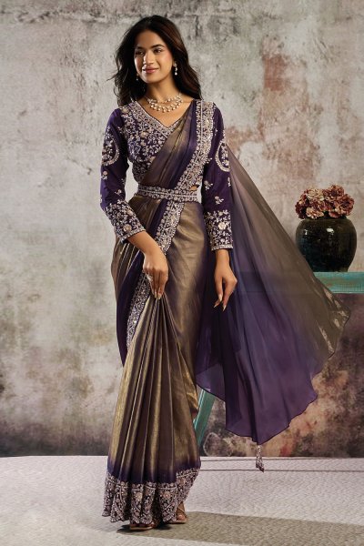 Pre-draped Plum & Bronze Satin Embroidered Saree With Blouse & Belt