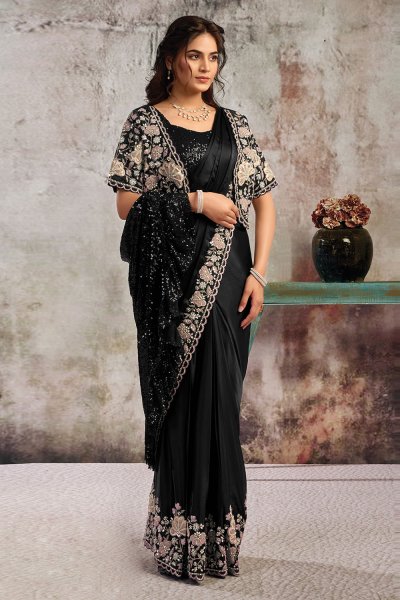 Pre-draped Black Satin Embroidered Saree With Blouse, Jacket, & Belt Pre-draped Black Satin Embroidered Saree With Blouse, Jacket, & Belt