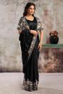 Pre-draped Black Satin Embroidered Saree With Blouse, Jacket, & Belt