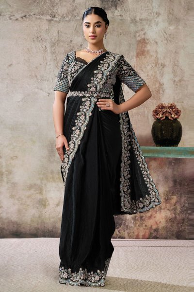 Pre-draped Black Satin Embroidered Saree With Blouse & Belt Pre-draped Black Satin Embroidered Saree With Blouse & Belt