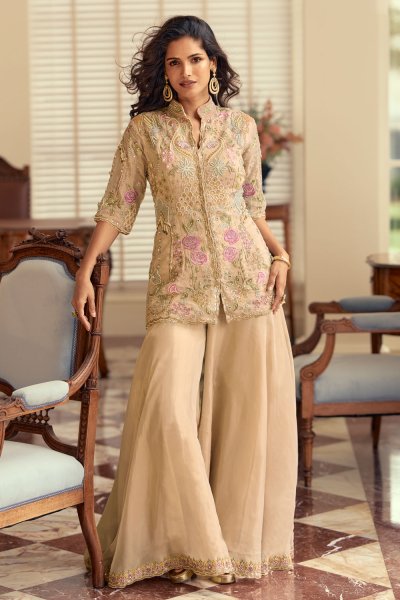Beige Silk Hand Embroidered Kurta Set