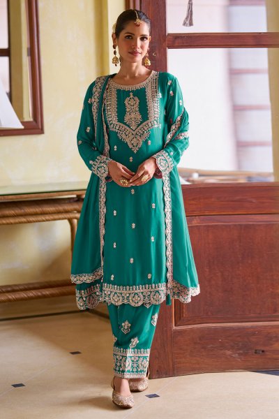 Teal Chinon Silk Embroidered Kurta Set Teal Chinon Silk Embroidered Kurta Set