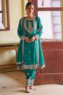 Teal Chinon Silk Embroidered Kurta Set