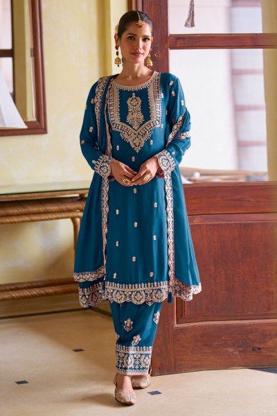 Navy Blue Chinon Silk Embroidered Kurta Set Navy Blue Chinon Silk Embroidered Kurta Set