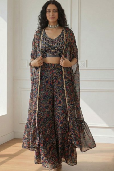 Navy Blue Georgette Printed & Embroidered Top, Sharara, & Cape Navy Blue Georgette Printed & Embroidered Top, Sharara, & Cape