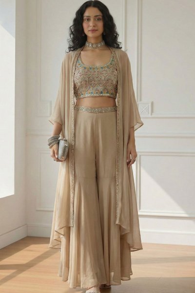 Beige Georgette Embroidered Top, Sharara, & Cape