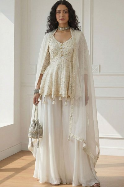 Ivory Georgette Embroidered Peplum Kurta, Sharara, & Dupatta Set Ivory Georgette Embroidered Peplum Kurta, Sharara, & Dupatta Set