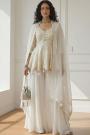 Ivory Georgette Embroidered Peplum Kurta, Sharara, & Dupatta Set