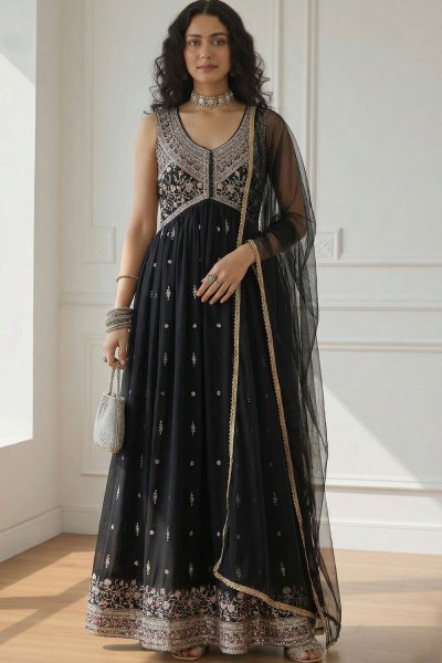 Black Georgette Embroidered Anarkali Dress With Dupatta Black Georgette Embroidered Anarkali Dress With Dupatta