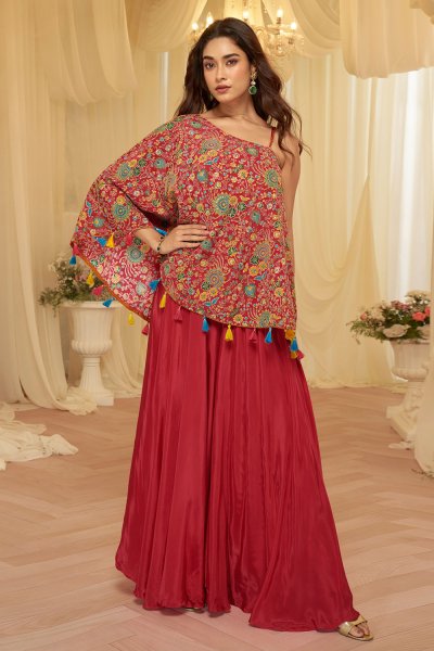 Red Crepe Silk Printed & Embroidered Indowestern Top & Palazzo Set Red Crepe Silk Printed & Embroidered Indowestern Top & Palazzo Set