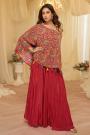 Red Crepe Silk Printed & Embroidered Indowestern Top & Palazzo Set