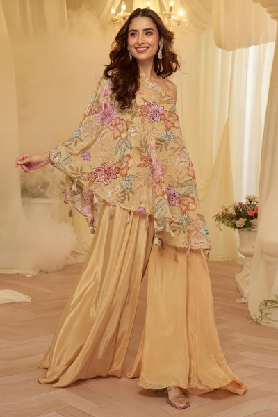 Beige Crepe Silk Printed & Embroidered Indowestern Top & Palazzo Set Beige Crepe Silk Printed & Embroidered Indowestern Top & Palazzo Set