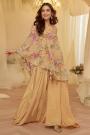 Beige Crepe Silk Printed & Embroidered Indowestern Top & Palazzo Set