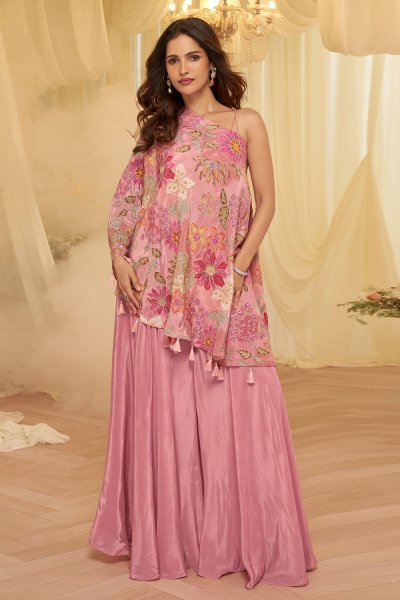 Pink Crepe Silk Printed & Embroidered Indowestern Top & Palazzo Set Pink Crepe Silk Printed & Embroidered Indowestern Top & Palazzo Set
