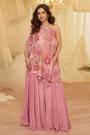 Pink Crepe Silk Printed & Embroidered Indowestern Top & Palazzo Set
