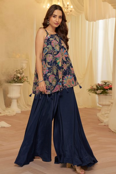 Navy Blue Crepe Silk Printed & Embroidered Indowestern Top & Palazzo Set Navy Blue Crepe Silk Printed & Embroidered Indowestern Top & Palazzo Set