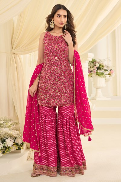 Hot Pink Georgette Embroidered Sharara Kurta Set